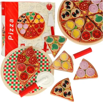 A wooden toy pizza set with various toppings and a pizza cutter, arranged on a white background.
