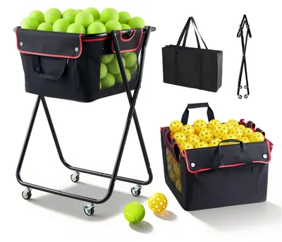 Produktbild von Tennisballwagen - Faltbarer Ballkorb auf Rollen - Für 175 Tennisbälle oder 290 Pickleballs - Rahmen aus Kohlenstoffstahl - Mit Tragetasche - Schwarz