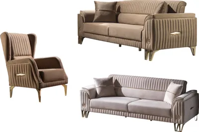 Produktbild von Villa Möbel Sofa Set Flavia Hellbraun-Creme Stellvariante:3+3+1 Relax- und Bettfunktion, pflegeleichter Mikrofaser Samtstoff