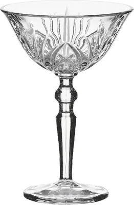 A clear, studio shot of a crystal cocktail glass.