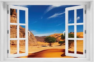 Produktbild von Wallario Wandbild mit Fenster-Illusion: In der Wüste Sahara, Größe: 61 x 91,5 cm, Poster mit weißem Aluminiumrahmen