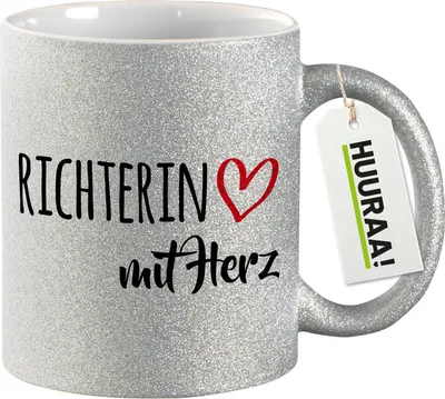 Produktbild von Huuraa Glitzertasse Richterin mit Herz 330ml Silber Keramik Kaffeebecher Geschenkidee