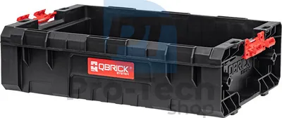 A black Qbrick System Pro Box 130 storage container with red latches, shown from a slightly elevated side angle against a white background.