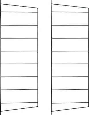 Two identical black metal shelf brackets are shown against a white background.