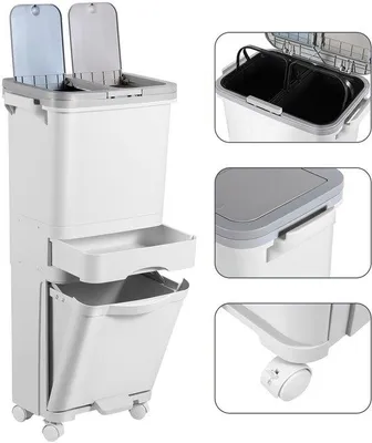 Immagine prodotto di Contenitore per rifiuti da cucina da 42 litri, bianco, con pedale, a 3 scomparti, per la raccolta differenziata