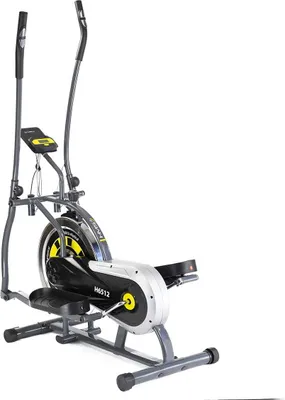 A studio shot of an elliptical trainer on a white background.