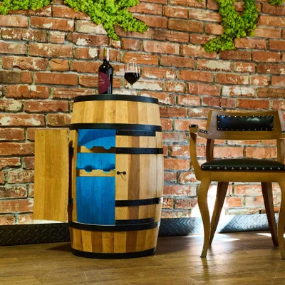 Produktbild von CREATIVE COOPER Weinregal Holz mit Tür mit LED RGB - Weinliegen - Alkoholschrank Flaschenregal - Holzfass - Fassmöbel - Weinfass - Weinbar - Fass bar mit Tür - 80 cm Eiche