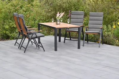 Produktbild von Merxx Gartenmöbel Set 9tlg. Athos, 4 Klappsessel inkl. Kisssen, Tisch 150 x 90 cm- Aluminium/Holz/Textil