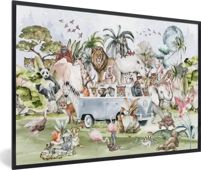 Produktbild von MuchoWow® Gerahmtes Poster Dschungel - Bus - Tiere - Kinder - Pflanzen 90x60 cm - Poster mit Schwarzem Bilderrahmen Wandposter Rahmen Foto Bilder - Fotorahmen - Foto-Plakat