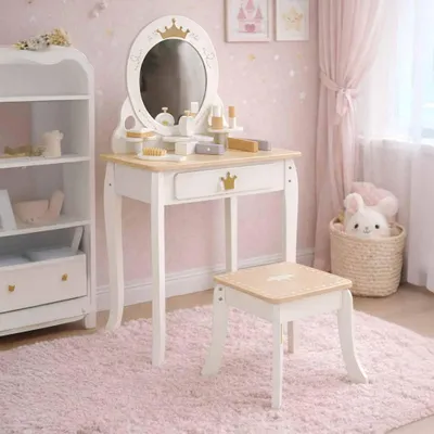 Produktbild von Kinder Schminktisch Holz Mädchen Frisiertisch mit Spiegel Hocker Zubehör LULILO Bella Weiß Gold