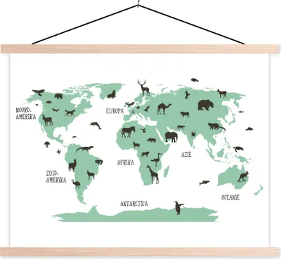 Produktbild von MuchoWow® Textilposter Weltkarte Kinder - Tiere - Türkis 40x30 cm mit holzfarbenen Rahmen - Bilder