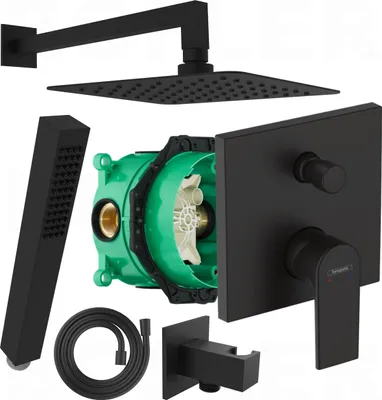 A collection of black shower fixtures and components, including a showerhead, hand shower, hose, and valve body, arranged on a white background.