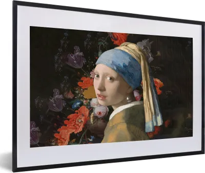 Produktbild von MuchoWow® Gerahmtes Poster Das Mädchen mit dem Perlenohrring - Vermeer - Blumen 60x40 cm - Poster mit Schwarzem Bilderrahmen Wandposter Rahmen Foto Bilder - Schlafzimmer - Plakat in Rahmen - Drucken