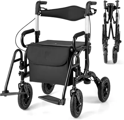 Produktbild von 2-in-1 Rollstuhl & Reisgehhilfe: Gehhilfe aus Aluminium mit klappbarem Design, schwarze Reisgehhilfe mit Höhenverstellung, Rollstuhl mit Tasche und Stockhalterung