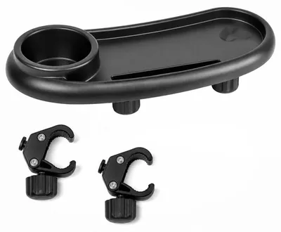 Produktbild von 3-in-1 Kinderwagen Tablett (37×15×6,2 cm) aus ABS – 360° drehbar, 2 Haken – In Schwarz – Snack- und Getränkehalter für Buggy