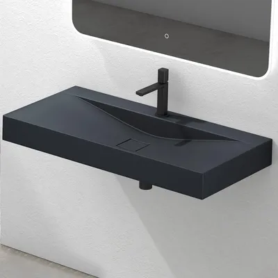 Produktbild von Mai&Mai, Waschbecken, Mineralguss, Anthrazit matt, rechteckig, Hänge-Waschtisch, Aufsatz-Waschschale, Col810, Ablaufloch mit Gussmarmor Abdeckplatte, DIN-Norm Ablauf und Armaturenlöcher