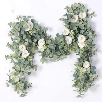 Produktbild von Girlande PARTY JOY 2 m Eukalyptus-Girlande mit Blumen – 8 weiße Rosen, künstliche Kunstblumen, grüne Girlande, Ranken für Dekoration, Party, Hochzeit,