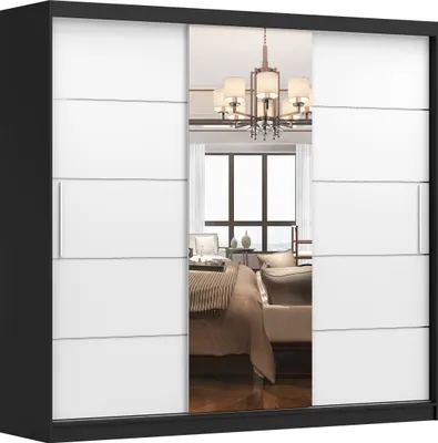 Produktbild von MOEBLO Kleiderschrank ALFA – Schwebetürenschrank 2-türig Schrank Garderobe Schiebtüren Schlafzimmer, Dekorative Aluminiumleisten, Kleiderstange und Regale (BxHxT): 233x218x61 cm - ALFA Schwarz + Weiß