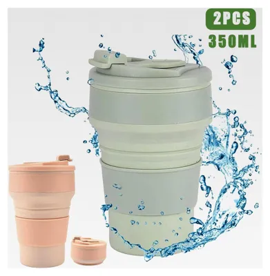Produktbild von 2 Stück Faltbare Becher aus Silikon, Tragbare Reise- und Campingbecher, BPA-frei, 350ml