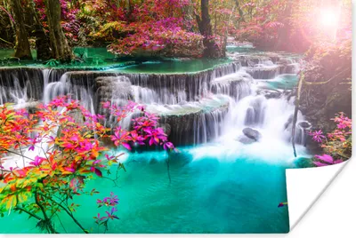 Produktbild von MuchoWow® Poster Wasserfall - Sonne - Bäume - Regenbogen - Natur 120x80 cm - Bilder