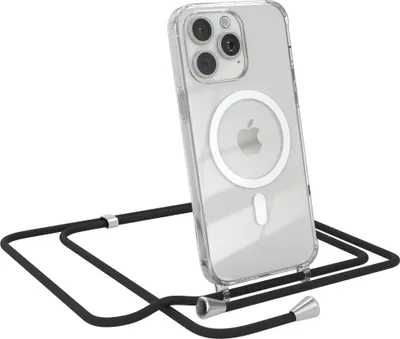 Produktbild von EAZY CASE - Handykette kompatibel mit Apple iPhone 15 Pro Max Kette zum Umhängen Stoßfest Handyhülle für Apple iPhone 15 Pro Max Silikon Hülle mit Band Transparent als Fallschutz in Schwarz - Clips Silber