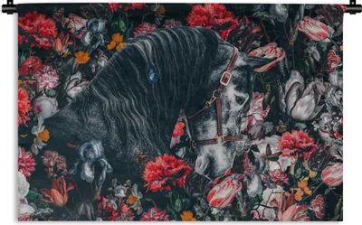 Produktbild von MuchoWow® Wandteppich Wandbehang Pferd - Blumen - Schwarz 90x60 cm Tapisserie Dekoration Wandtuch - Wandskulpturen - Bildteppich