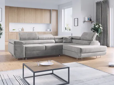 Produktbild von Ecksofa L-Form Couch mit Schlaffunktion und Verstellbare Kopfstützen - GUSTAW - Hellgrau - Rechts