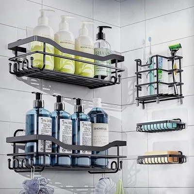Zdjęcie produktu dla Zestaw 5 sztuk półek pod prysznic do łazienki, montaż bez wiercenia, samoprzylepny organizer do łazienki, półka pod prysznic ze stali nierdzewnej 304 do łazienki/prysznica/kuchni (czarna)