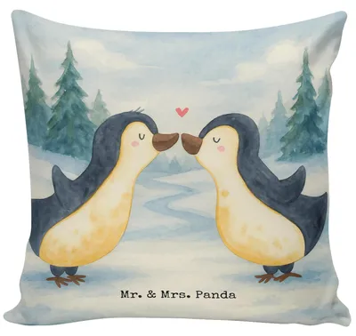 Produktbild von Mr. & Mrs. Panda Kissen 40x40 Pinguine Kuss Design - Weiß - Geschenk, couch, Sofakissen, bedruckt, für Frauen, Partner, Kuschelkissen, Sofa, Mitbringsel, Freundin