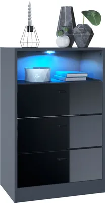 Produktbild von Vladon Kommode Pino V2,  Germany, Anrichte mit 3 Schubladen & 1 offenem Fach, Anthrazit matt/Schwarz Hochglanz mit LED RGB (56 x 86,5 x 36 cm)