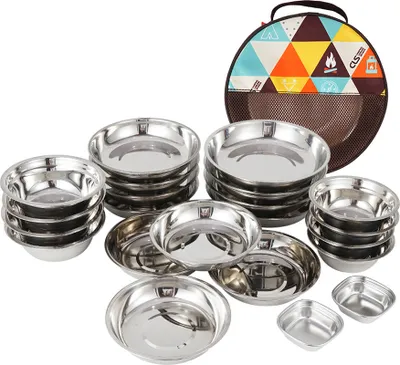 Produktbild von CLS 22-teiliges tragbares Essteller-Set, Camping-Geschirr-Set, polierter Edelstahl, Schš¹sseln, Suppent?pfe mit Aufbewahrungstasche fš¹r das Kochen im Freien, Camping, Picknick, Grillen