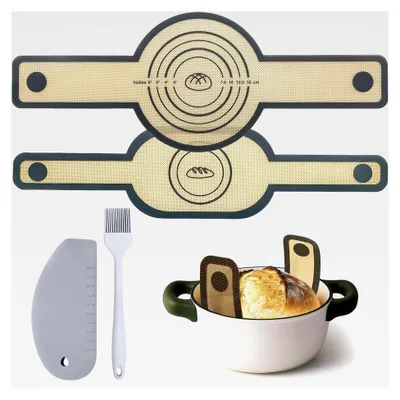 Produktbild von 2 Stück Silikon Backmatte für Dutch Oven, Brotbackmatte mit Teigschaber und Backpinsel, Wiederverwendbare Silikonmatte mit langen Griffen, Grau