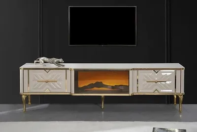Produktbild von Wohnzimmer Sideboard weiß + gold Kamin Luxus RTV Lowboard Exclusive