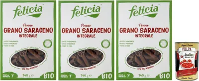 Produktbild von Felicia Penne di Grano Saraceno Integrale,Pasta mit 100% Buchweizen, Natürlich Glutenfrei,Packung mit 3x 340g + Italian Gourmet Polpa di Pomodoro 400g Dose