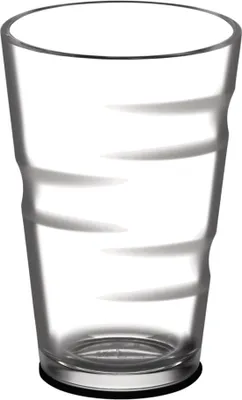A clear glass cup with a textured design and a black base.