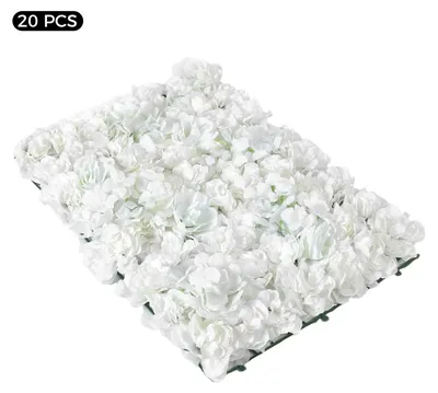 Image de Mur de fleurs artificielles roses et hortensias - Panneau décoratif floral - 20 pièces - Fleurs en soie - Blanc - 60 x 40 cm - Décoration de mariage