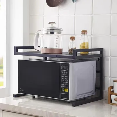 Image de Étagère pour micro-ondes - Étagère de cuisine - Extensible - 2 niveaux - Acier - 45–66 × 35 × 43 cm - 3 crochets - Noir