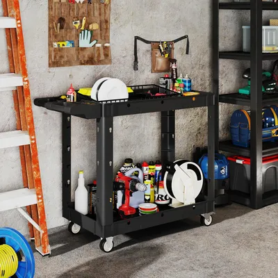 Produktbild von Sweiko Werkzeugwagen, 2-stöckige Ablagen, Griff, Räder, Kunststoff, Schwarz