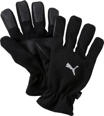 A pair of black Puma gloves shown from a top-down perspective.