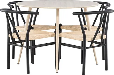 Produktbild von Plaza Essgruppe Tisch Ø100cm und 4 Stühle mit Armlehnen stapelbar whitewash.