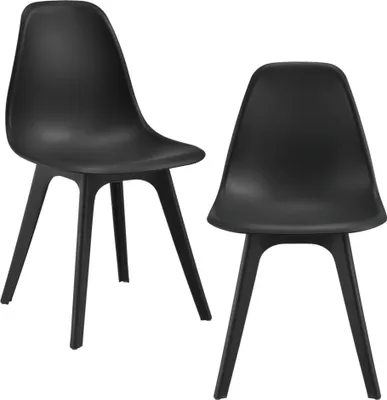Two black chairs are shown against a white background.