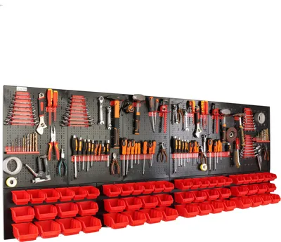 Produktbild von botle® Werkzeugwand Lochwand aus Metall, Stapelboxen + Wandregal + Werkzeughalter 110-tlg Set, Kleinteilelager,  Wandwerkstatt mit 56 stapelbaren Rot Behältern, Hängeregal Sortierregal