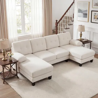 Produktbild von U-förmiges 4-Sitzer Chenille-Polstersofa, Chaiselongue, Schlaffunktion mit verstellbarer Rückenlehne, Gästesofa für Wohnzimmer & Büro, Beige