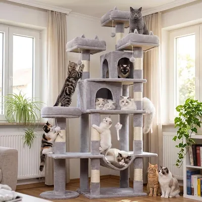 Produktbild von Kratzbaum, 181 cm hoch, Katzenbaum für große Katzen und Wohnungskatzen, XL Mehrstöckiger Katzenkratzbaum mit 2 Gemütliche Höhlen, 3 Plattformen, Hängematte, Sisal Kratzbaum, Hellgrau PMT03GY