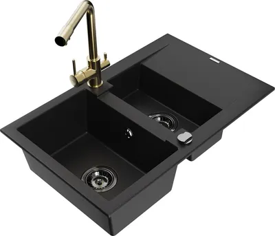 Produktbild von Mexen Gaspar 1,5-Becken-Granitspüle mit Abtropffläche und Mischbatterie Duero, Schwarz - 6507-77-671600-50-B