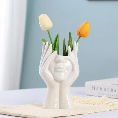 Produktbild von Keramikvase mit Frauengesichtsmotiv, minimalistischer und moderner nordischer Stil, bš¹stenf?rmiger Topf šC 21 cm