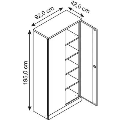 A 3D isometric view of an open cabinet with shelves, showing its dimensions.