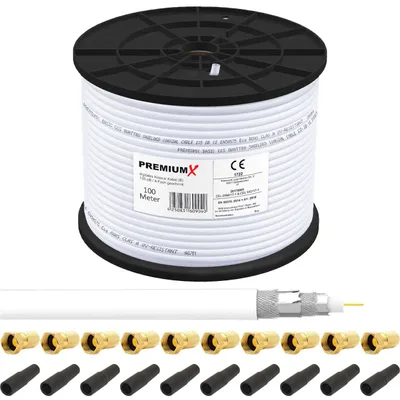 Produktbild von PremiumX 100m BASIC Koaxialkabel 135dB 4-fach SAT Kabel 10x F-Stecker Tülle