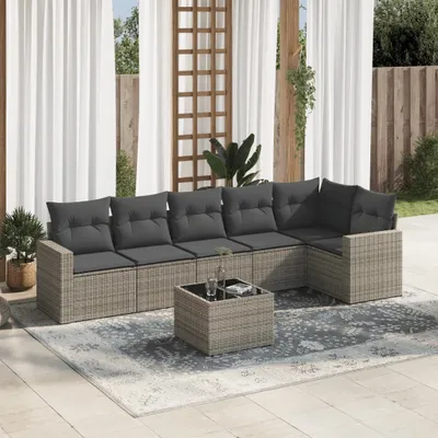 Produktbild von Design 7-tlg. Garten-Sofagarnitur mit Kissen Grau Poly Rattan, Gartenmöbel-Sets 2024