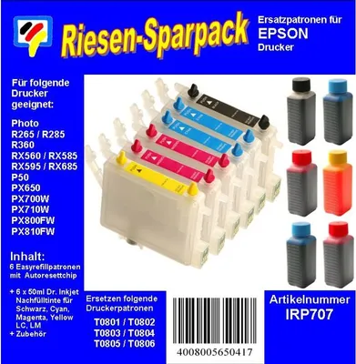 Produktbild von CISS / Easyrefill T0801-T0806 Multipack mit 6 Patronen und 300ml Dr.Inkjet Premium Nachfülltinte